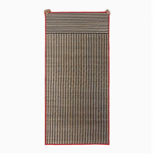 Striped rug with red border on a white background